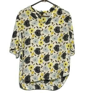 Ann Taylor Floral Top High-Low Hem Yellow Blue S